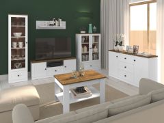 Wohnzimmer Komplett - Set A Oulainen, 6-teilig, Farbe: Weiß / Eiche