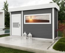 Gartensauna Lut 40 mm mit großem Panoramafenster, Außenmaße (B x T): 354 x 204 cm - Farbe: Anthrazit / Weiß