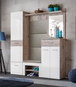 Garderobe Komplett - Set C Sviland, 5-teilig, Farbe: Wellington / Weiß, ein Garderobenschrank, eine Kommode, ein Spiegel, vier Haken, ein Schuhregal