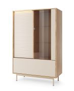 Vitrine | Farbe: Eiche / Kaschmir | 8 Fächer | 2 Türen | ABS-Kantenschutz | Tamino 01 | 100,1 x 40 x 152,1 cm | Beine: Metall | 1 Kippschublade