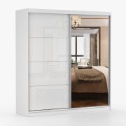 Kleiderschrank / Schiebetürenschrank | Weiß | Sredna 07 | mit Spiegel | 2 Türen | Griffe: Aluminium | 7 Fächer | 3 Schubladen |218 x 203 x 61 cm
