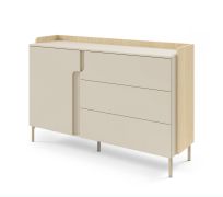 Kommode | Farbe: Eiche Mavelie / Macadamia | 1 Drehtür | 3 Schubladen | 143 x 42 x 95 cm | Push-to-open Funktion | Metallbeine | für Wohnzimmer