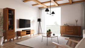 Wohnzimmer - Set F Engordany | 3-teilig | Farbe: Eiche Rustikal | Buche Vollholz massiv | lackiert | 1 Kommode | 1 TV-Schrank | 1 Vitrine