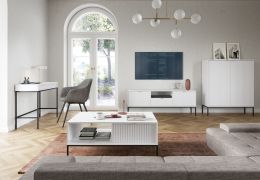Wohnzimmer Komplett - Set E Worthing, 4-teilig, Farbe: Weiß / Schwarz / Gold