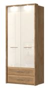 Drehtürenschrank / Kleiderschrank mit LED-Rahmen Gataivai 52, Farbe: Beige Hochglanz / Walnuss - Abmessungen: 224 x 92 x 56 cm (H x B x T)