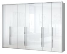 Drehtürenschrank / Kleiderschrank mit LED-Rahmen Siumu 26, Farbe: Weiß / Weiß Hochglanz - 226 x 322 x 60 cm (H x B x T)