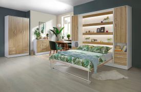 Schlafzimmer Komplett - Set B Nalut | 6-teilig | in Eiche / Weiß | Schrankbett 160 x 200 cm mit LED-Beleuchtung | Kleiderschrank | Kommode | weiße Metallgriffe
