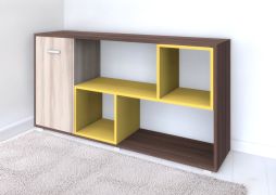 Kommode Kerema 05, Farbe: Nuss / Ulme / Gelb - Abmessungen: 85 x 160 x 41 cm (H x B x T)