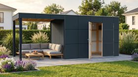 Gartenhaus Lounge Frankfurt 02 mit Dachanbau | Grundfläche 13,12 m² |  Grau / Anthrazit | Schleppdach | Elementgartenhaus | HPL-Fassadenplatten