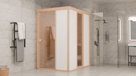 Sauna Ruhetraum 01 | 123 x 154 cm | Höhe 201 cm | Elementsauna | Fensterelemente mit 2-fach-Verglasung | Glastür aus gehärtetem Sicherheitsglas | inkl. Banksystem