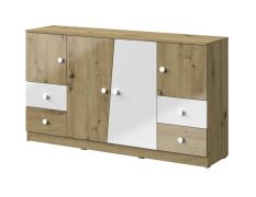 Kommode Sirte 06, Farbe: Eiche / Weiß Hochglanz - Abmessungen: 90 x 160 x 40 cm (H x B x T)