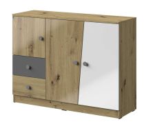 Kommode Sirte 07, Farbe: Eiche / Weiß / Grau Hochglanz - Abmessungen: 90 x 120 x 40 cm (H x B x T)
