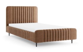 Einzelbett | Gästebett | Liegefläche 140 x 200 cm | Braun | Stoffbezug | inkl. Lattenrost | schwarze Holzbeine | Belladere 11