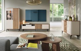 Wohnzimmer Komplett-Set A Belladere | 5-teilig | Nuss/Kaschmir | ABS-Kanten | 1 Vitrine | 1 TV-Unterschrank | 1 Kommode | 2 Couchtische