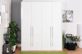 Drehtürenschrank / Kleiderschrank mit LED-Rahmen Siumu 23, Farbe: Weiß / Weiß Hochglanz - 226 x 187 x 60 cm (H x B x T)