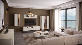 Wohnzimmer Komplett - Set A Aufaga | 6-teilig | Farbe: Kaschmir | dekorative Relief-Streifen | Soft Close System | Metallbeine