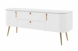 TV-Unterschrank | Weiß matt | 158 x 47 x 65 cm | Palauli 01 | 2 Schubladen | 2 Türen | Metallbeine und -griffe in Gold | abgerundete Fronten | verformungsbeständig