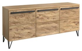 Kommode Buzet 07, Farbe: Eiche / Schwarz, teilmassiv - Abmessungen: 79 x 174 x 50 cm (H x B x T)