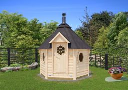 Saunahaus Eisenhut 14 - Abmessungen:  308 x 267 x 265 (B x T x H), Grundfläche: 6 m², Zeltdach