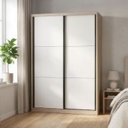 Kleiderschrank / Schiebeürenschrank | 1 Kleiderstange | 200 x 49 x 215 cm | Eiche Premium / Weiß | 6 Fächer | 5 Einlegeböden | 2 Türen 