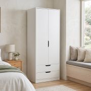 Drehtürenschrank / Kleiderschrank | 1 Fach | 2 Schubladen | 80 x 50 x 200 cm | Weiß | Kinder- & Jugendzimmer | 1 Kleiderstange | 2 Türen | viel Stauraum