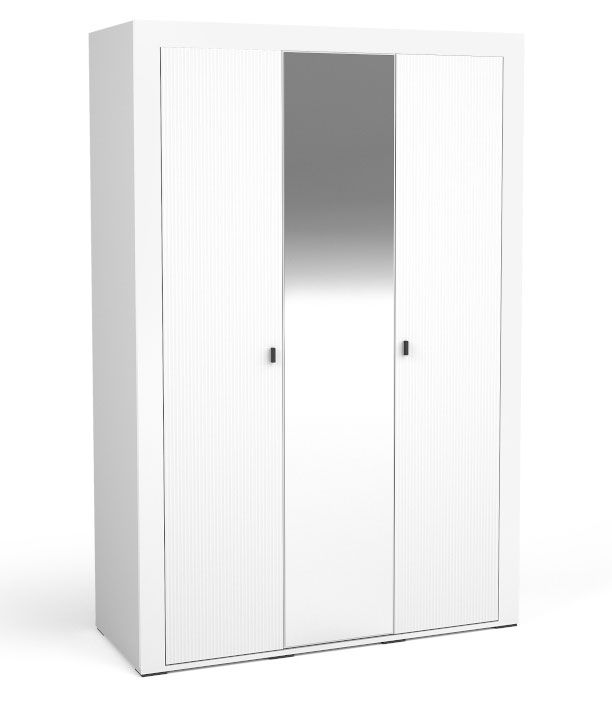 Drei Türiger Kleiderschrank mit Spiegel Barbe 04, Farbe: Weiß matt / Eiche, Maße: 206 x 137 x 56 cm, Griffe: Schwarz, ABS, mit sieben Fächer und eine Kleiderstange