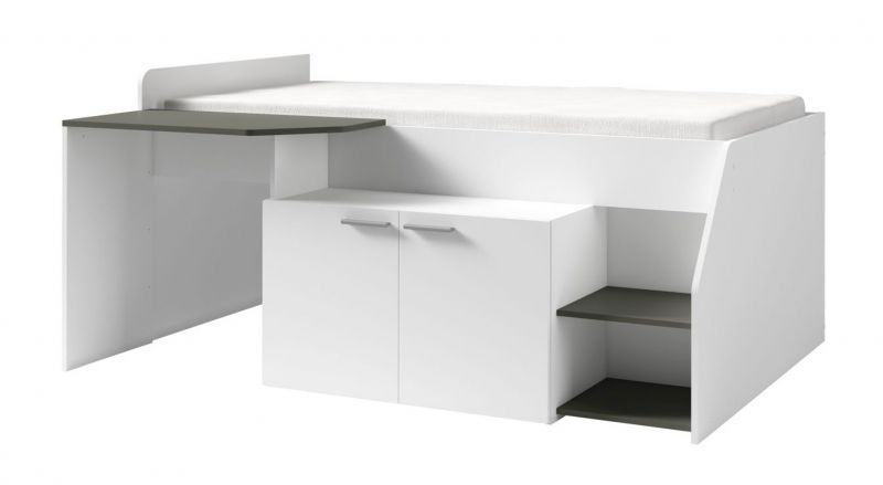 Funktionsbett / Kinderbett / Hochbett mit Schreibtisch Lindos, Farbe: Weiß / Grau - Liegefläche: 90 x 200 cm (B x L)