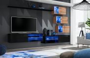 Wohnzimmerwand Volleberg 62, Farbe: Schwarz / Eiche Wotan - Abmessungen: 150 x 250 x 40 cm (H x B x T), mit zwei TV-Unterschränken
