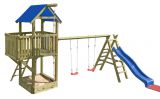Spielturm K27 inkl. Balkon, Sandkasten, Wellenrutsche und Doppelschaukel FSC® - Abmessungen: 550 x 515 cm (L x B)