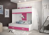 Funktionsbett / Kinderbett / Stockbett-Kombination - mit Stiege rechts, Jura 44, Farbe: Weiß / Pink - Abmessungen: 165 x 230 x 135 cm