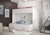 Funktionsbett / Kinderbett / Stockbett-Kombination - mit Stiege rechts, Jura 49, Farbe: Weiß / Pink - Abmessungen: 165 x 230 x 135 cm