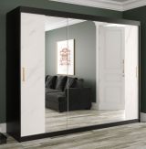 Außergewöhnlicher Kleiderschrank Ätna 94, Farbe: Schwarz matt / Weißer Marmor - Abmessungen: 200 x 250 x 62 cm (H x B x T), mit Spiegel