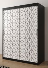 Neutraler Kleiderschrank mit stylischen Muster Dom 54, Farbe: Schwarz matt / Weiß matt - Abmessungen: 200 x 150 x 62 cm (H x B x T), mit fünf Fächern und zwei Kleiderstangen