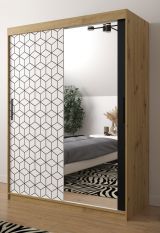 Neutraler Kleiderschrank mit Spiegeltür Dom 86, Farbe: Eiche Artisan / Weiß matt / Schwarz matt - Abmessungen: 200 x 150 x 62 cm (H x B x T), mit modernen Design