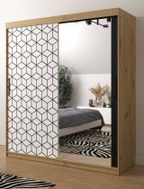 Neutraler Kleiderschrank mit modernen Design Dom 92, Farbe: Eiche Artisan / Weiß matt / Schwarz matt - Abmessungen: 200 x 180 x 62 cm (H x B x T), mit einer Spiegeltür