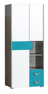 Jugendzimmer - Drehtürenschrank / Kleiderschrank Klemens 01, Farbe: Blau / Weiß / Grau - Abmessungen: 190 x 80 x 53 cm (H x B x T)
