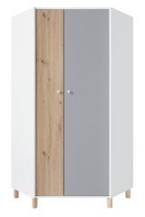 Jugendzimmer - Drehtürenschrank / Eckkleiderschrank Burdinne 02, Farbe: Weiß / Eiche / Grau - Abmessungen: 190 x 90 x 90 cm (H x B x T)