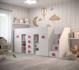 Funktionsbett / Kinderbett / Hochbett-Kombination, Treppe: Rechts, Jura 76, Farbe: Weiß / Pink - Abmessungen: 123 x 248,5 x 93 cm (H x B x T)
