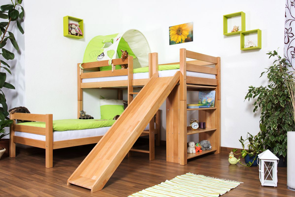 Doppelstockbett L-Form 90 x 200 cm | Buche massiv | natur lackiert | mit Regal und Rutsche | inkl. Rollrost | teilbar