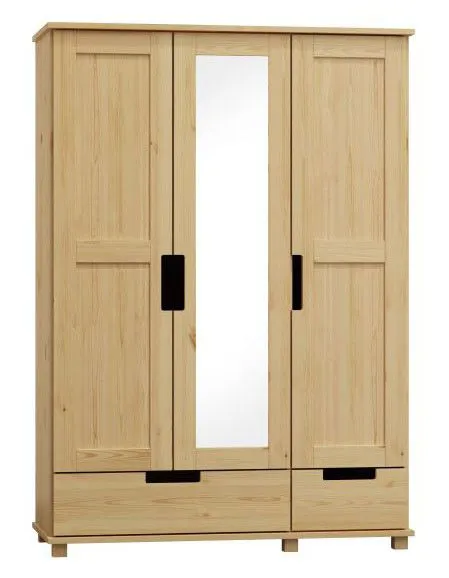 Kleiderschrank | 3 Drehtüren | 2 Schubladen | 4 Fächer | mit Kleiderstange | 133 cm breit | Massivholz | Farbe: Natur Abbildung