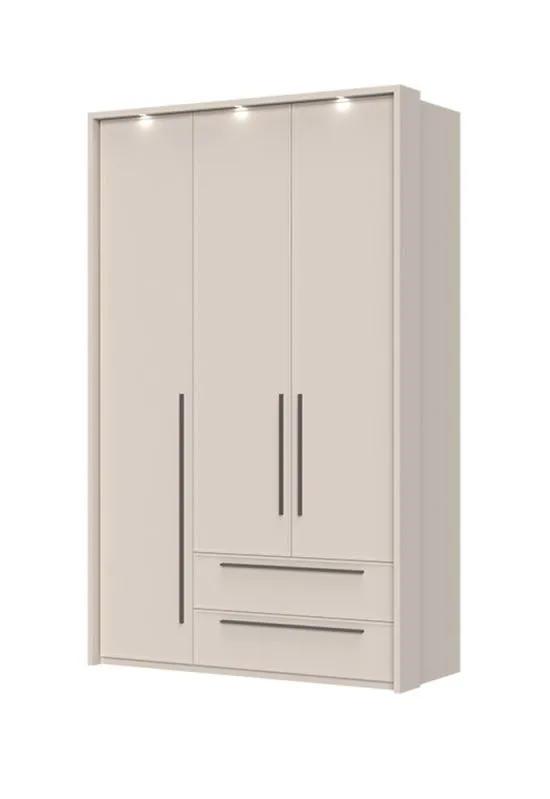 Dreitüriger Kleiderschrank mit LED-Rahmen Neiafu 63, zwei Schubladen, Farbe: Kaschmir, Soft-Close-Funktion, Maße: 226 x 142 x 60 cm, zwei Kleiderstangen