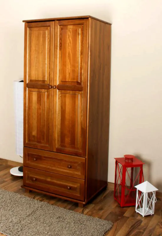 Schmaler Kleiderschrank | 2 Drehtüren | 2 Schubladen | 4 Fächer | mit Kleiderstange | 80 cm breit | Massivholz | Farbe: Eiche Abbildung