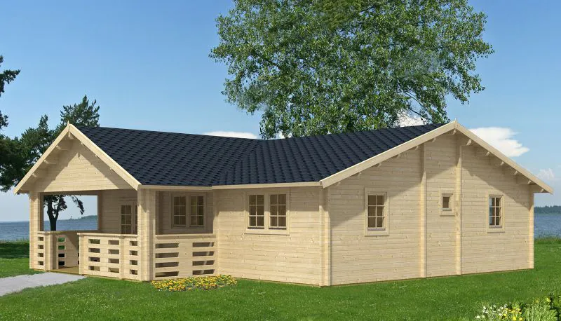 Ferienhaus / Gartenhaus mit 5 Räumen, inkl. Fußboden, mit Terrasse, aus nordischen Fichtenholz, 70 mm Blockbohlenhaus, Grundfläche: 104,39 m², Außenmaße: 972 x 1074 cm, Satteldach