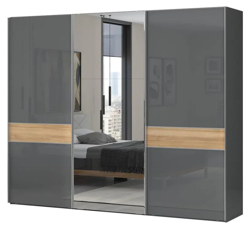 272 cm breiter Schiebetürenschrank mit 3 Türen | 9 Fächer | 3 Kleiderstangen | Farbe: Anthrazit Abbildung