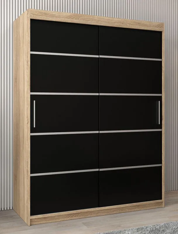 Schiebetürenschrank / Kleiderschrank Jan 03A, Farbe: Eiche Sonoma / Schwarz - Abmessungen: 200 x 150 x 62 cm ( H x B x T)