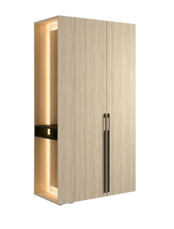 Garderobenschrank mit zwei Türen Acharnes 02, inkl. LED-Beleuchtung und Spiegel, eine Kleiderstange, Farbe: Eiche Barista / Schwarz