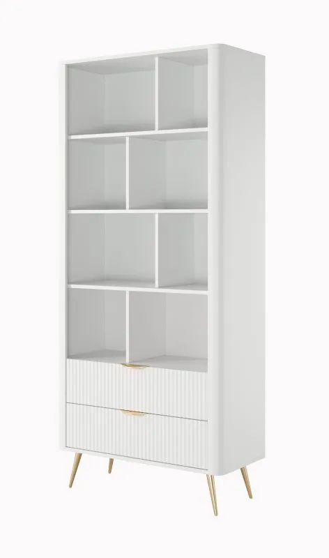 Bücherregal | Weiß | 8 Fächer | Maße: 194 x 88 x 38 cm | genügend Stauraum | Lamellen Front | 2 Schubladen | modernes und einfaches Design