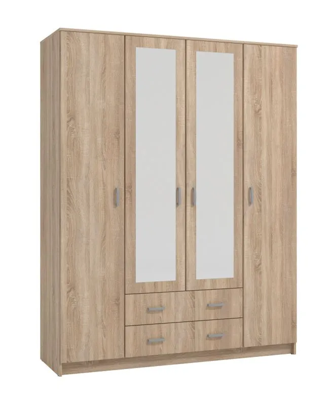 Kleiderschrank mit zwei Schubladen Kovin 01, eine Kleiderstange, zwei Türen, Farbe: Eiche Sonoma, zwei Spiegeltüren, Maße: 205 x 160 x 52 cm, 11 Fächer