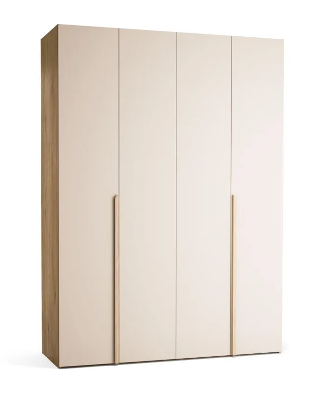 Falttür / Kleiderschrank | Farbe: Beige / Eiche | 3 Schubladen | 3 Kleiderstangen | 175 x 60 x 240 cm | inkl. LED-Beleuchtung | Soft-Close | Griffe: Metall