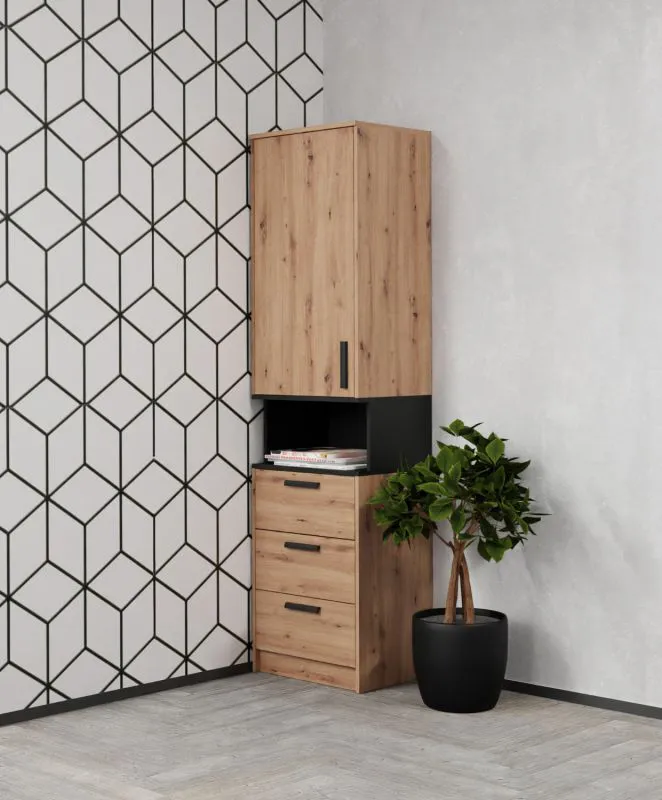 Schrank | Fafe 06 | 195 x 52 x 40 cm | Soft Close | Holzoptik | Eiche Artisan / Schwarz | 1 Tür | 1 offenes Fach | 3 Schubladen | 4 Fächer | eckig 